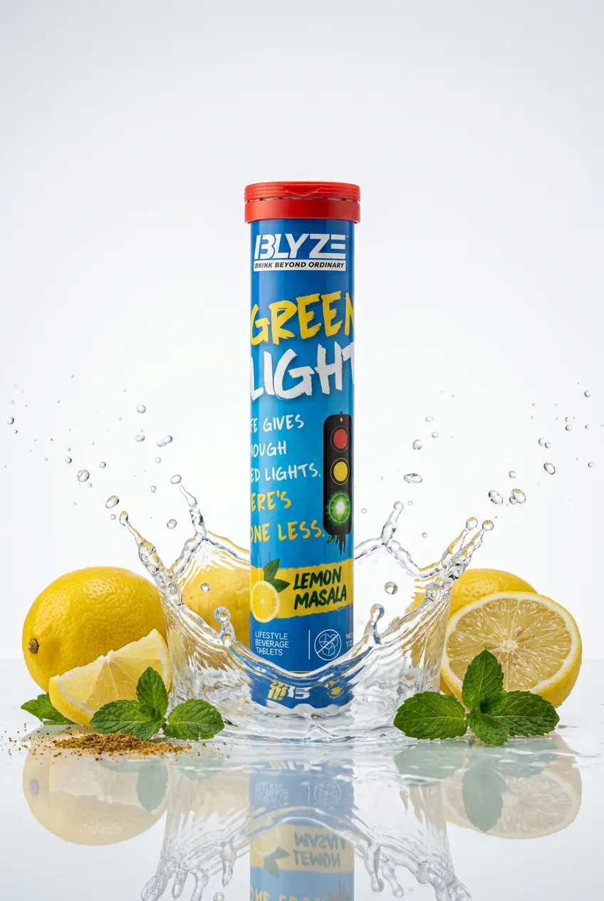 BLYZE Green Lemon bottle with lemons, mint and water splash