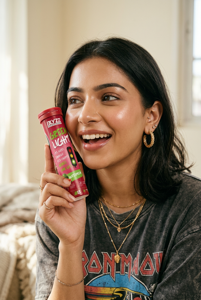 Gen-Z girl holding BLYZE Green Light Watermelon bottle