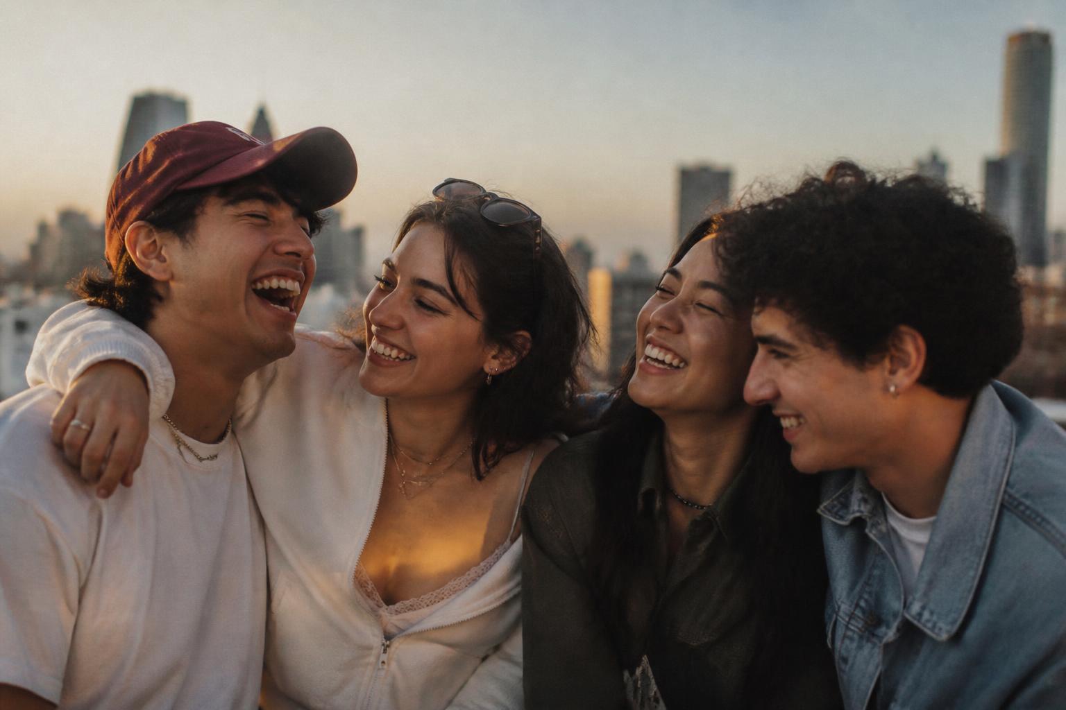 Gen-Z friends laughing together at golden hour