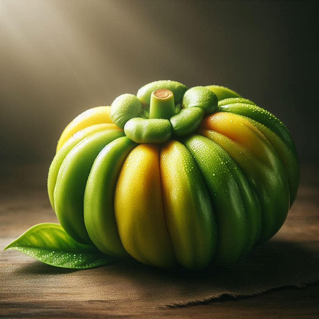 Close-up of a fresh Garcinia Cambogia fruit with vibrant green and yellow rind, symbolizing natural weight loss and fat-burning benefits.