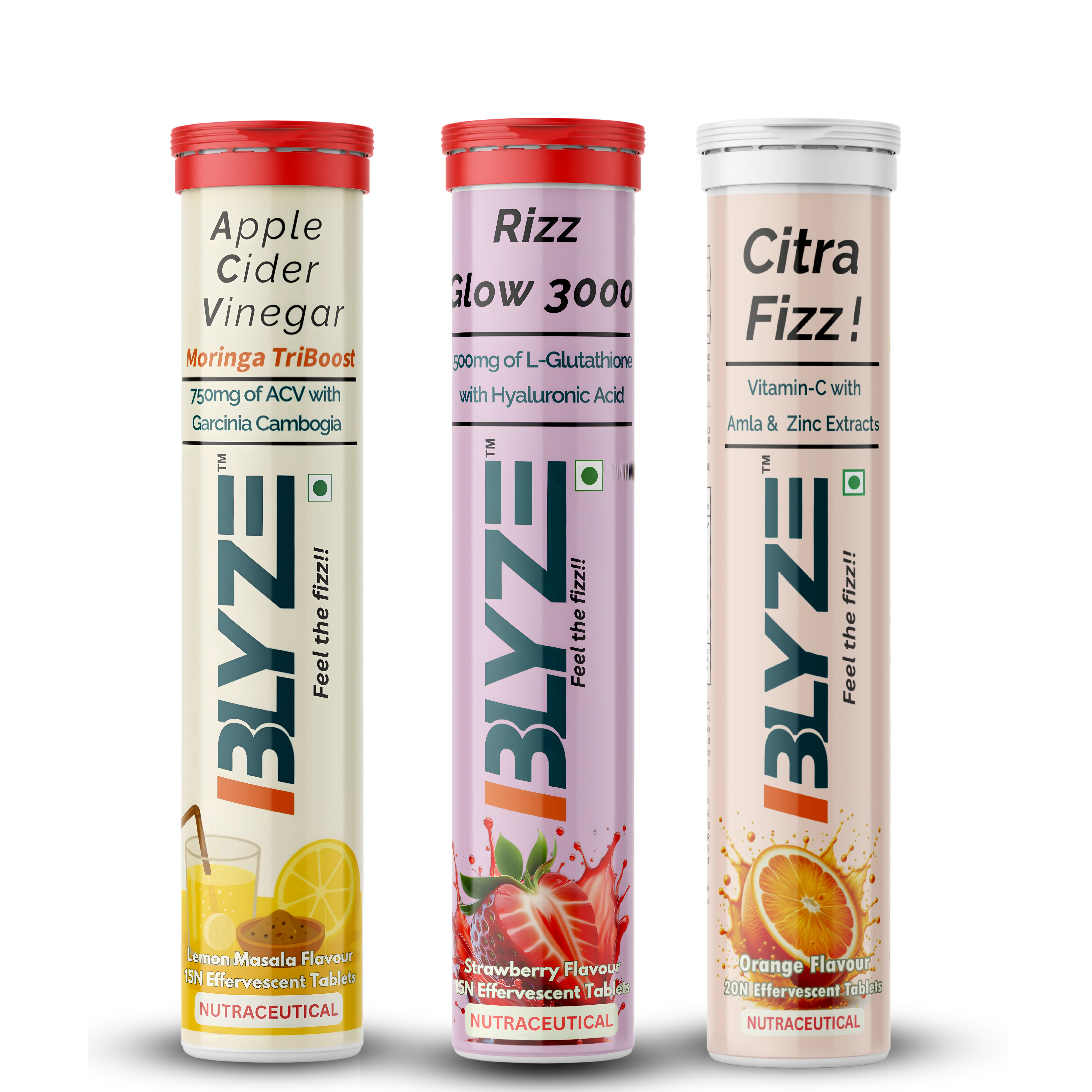 Sip & Slay Set: ACV Moringa TriBoost (Lemon masala Flavor) & Rizz Glow 3000 (Strawberry Flavor) & Citra Fizz (Orange Flavor) Pack of 3