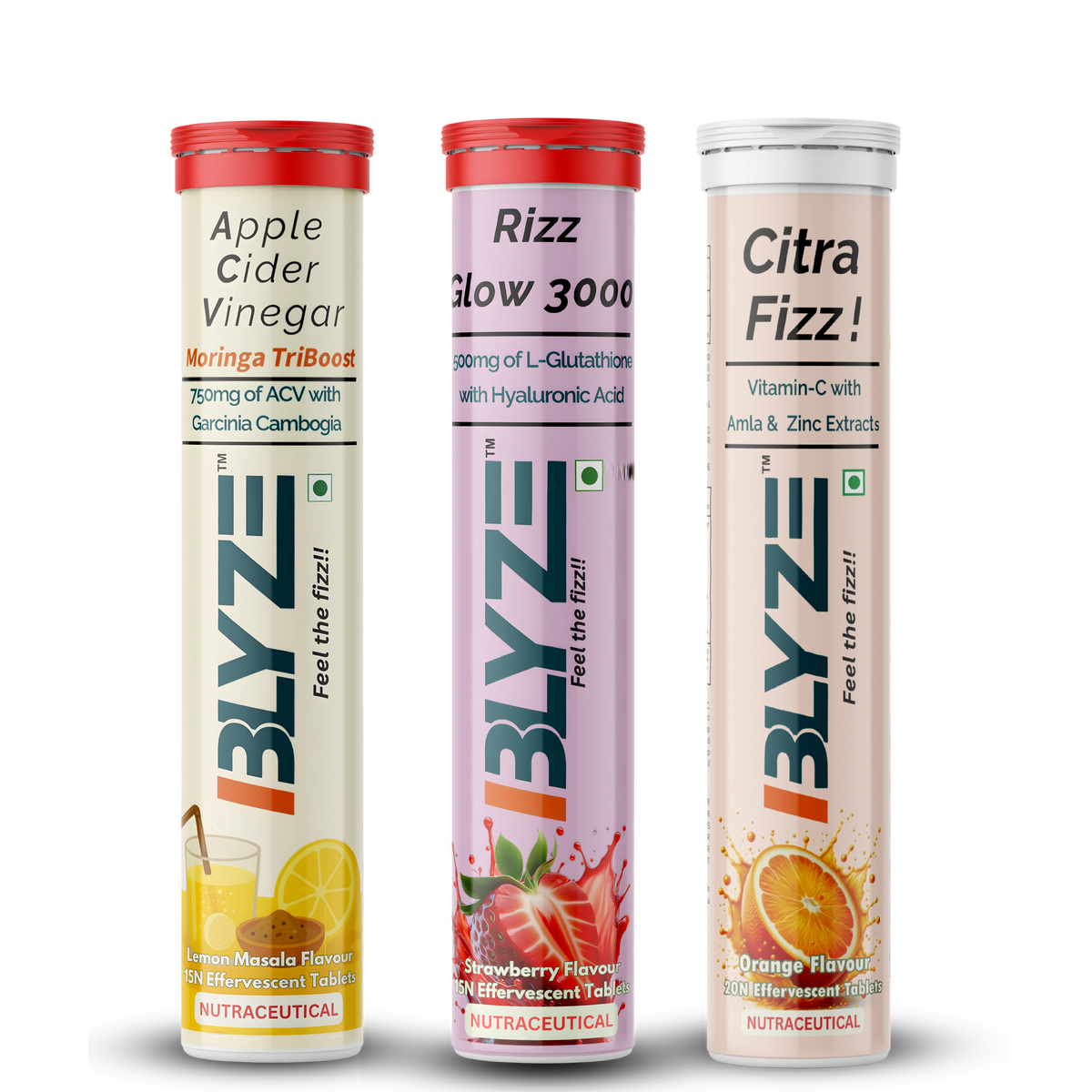 Sip & Slay Set: ACV Moringa TriBoost (Lemon masala Flavor) & Rizz Glow 3000 (Strawberry Flavor) & Citra Fizz (Orange Flavor) Pack of 3