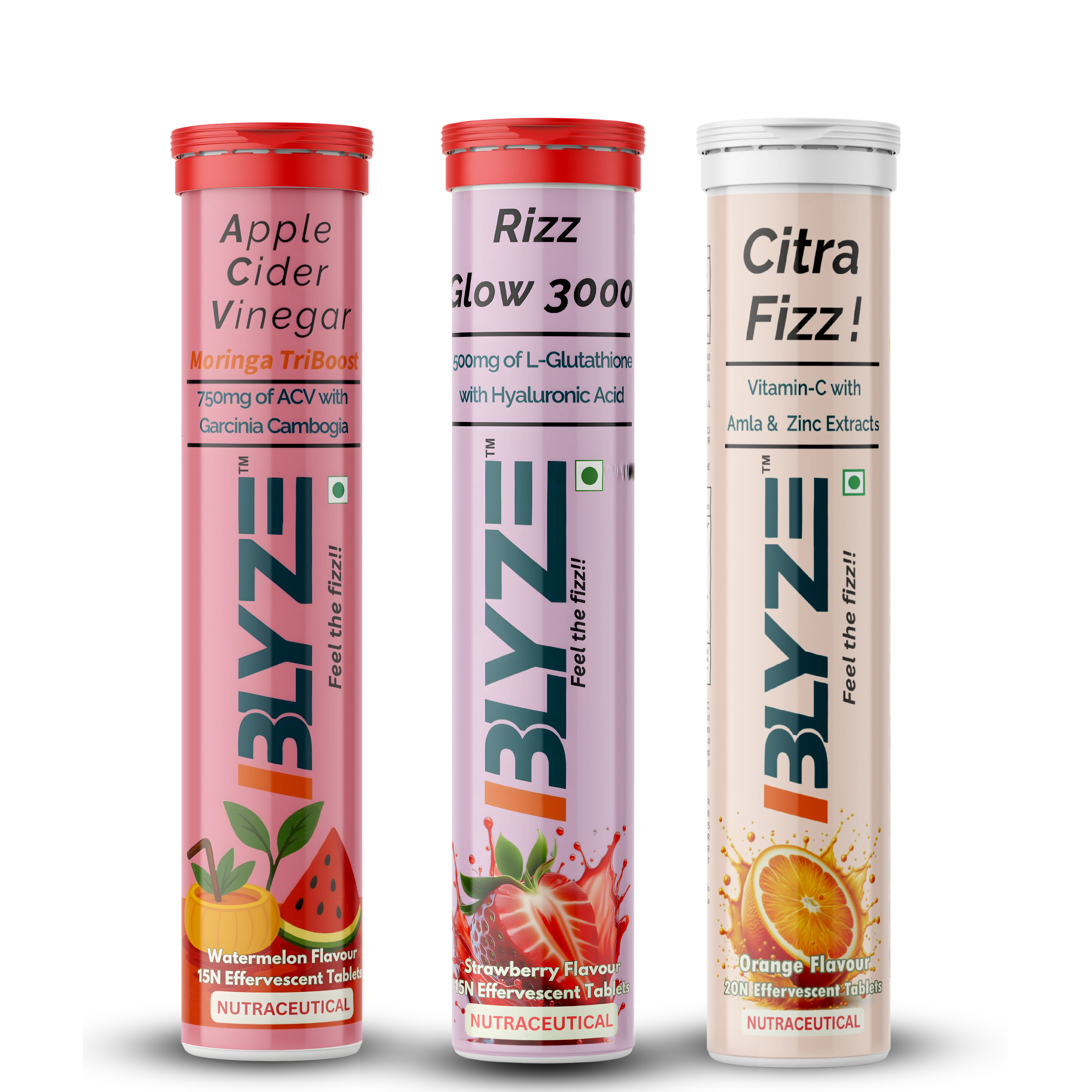 Sip & Slay Set: ACV Moringa TriBoost (Watermelon Flavor) & Rizz Glow 3000 (Strawberry Flavor) & Citra Fizz (Orange Flavor) Pack of 3