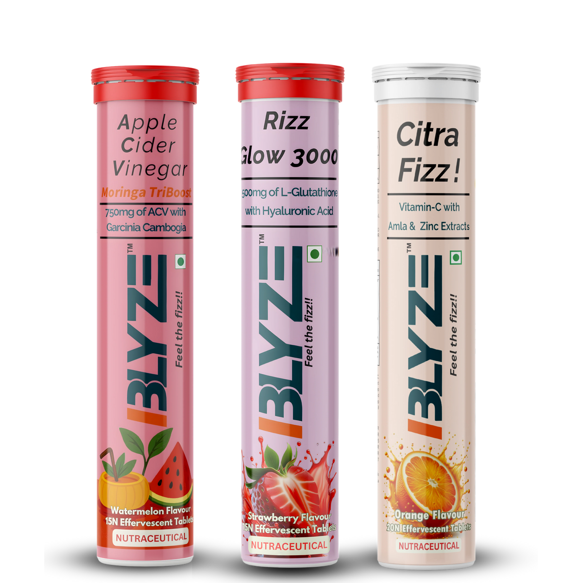Sip & Slay Set: ACV Moringa TriBoost (Watermelon Flavor) & Rizz Glow 3000 (Strawberry Flavor) & Citra Fizz (Orange Flavor) Pack of 3