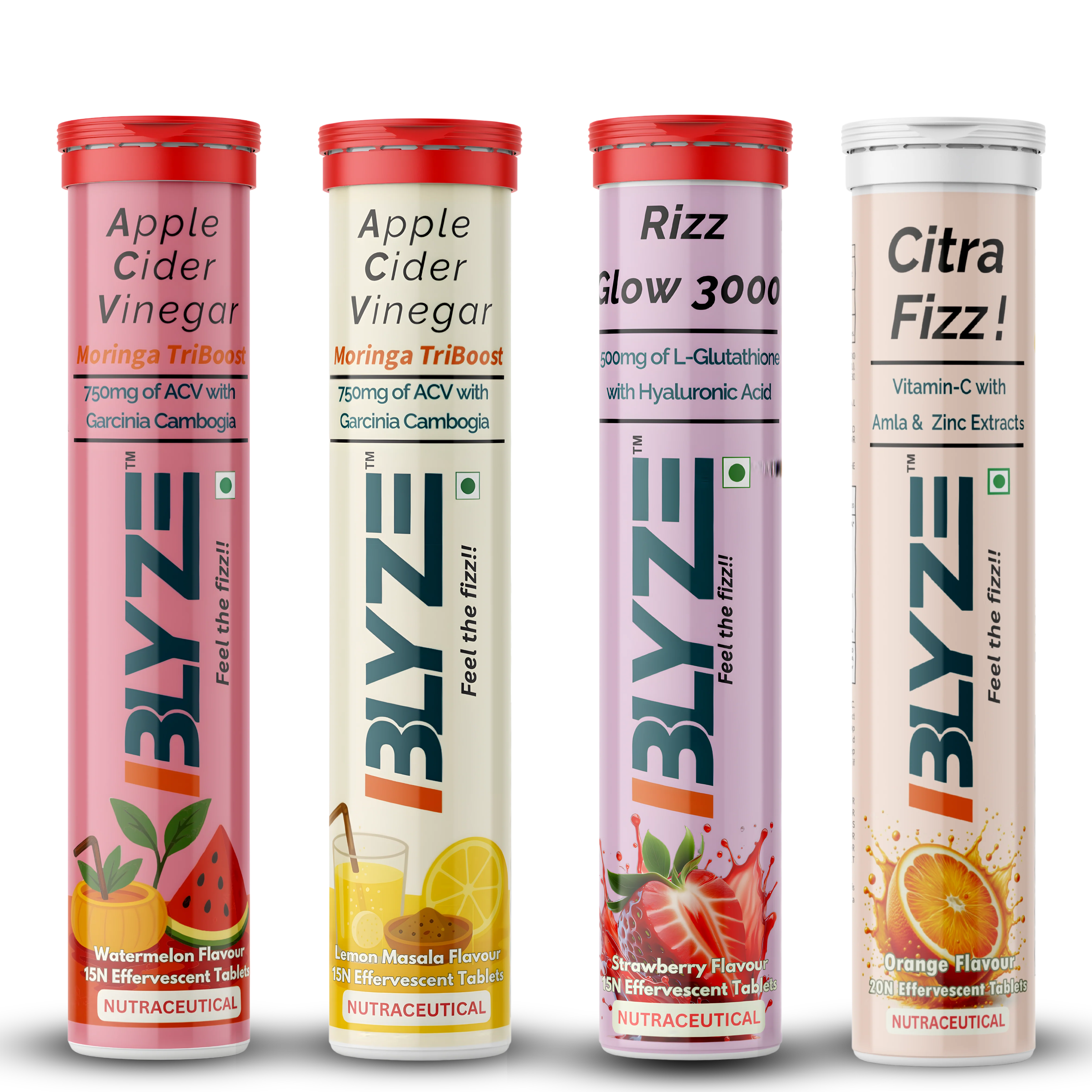 Sip & Slay Set: ACV Moringa TriBoost (Watermelon Flavor) & ACV Moringa TriBoost (Lemon Masala Flavor) & Rizz Glow 3000 (Strawberry Flavor) & Citra Fizz (Orange Flavor) Pack of 4