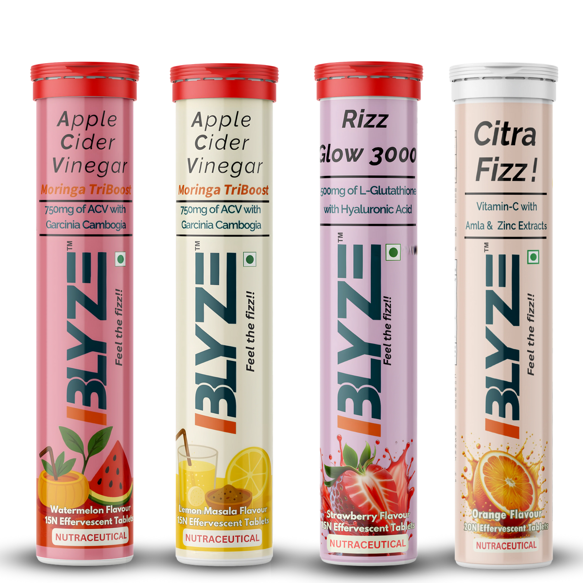 Sip & Slay Set: ACV Moringa TriBoost (Watermelon Flavor) & ACV Moringa TriBoost (Lemon Masala Flavor) & Rizz Glow 3000 (Strawberry Flavor) & Citra Fizz (Orange Flavor) Pack of 4