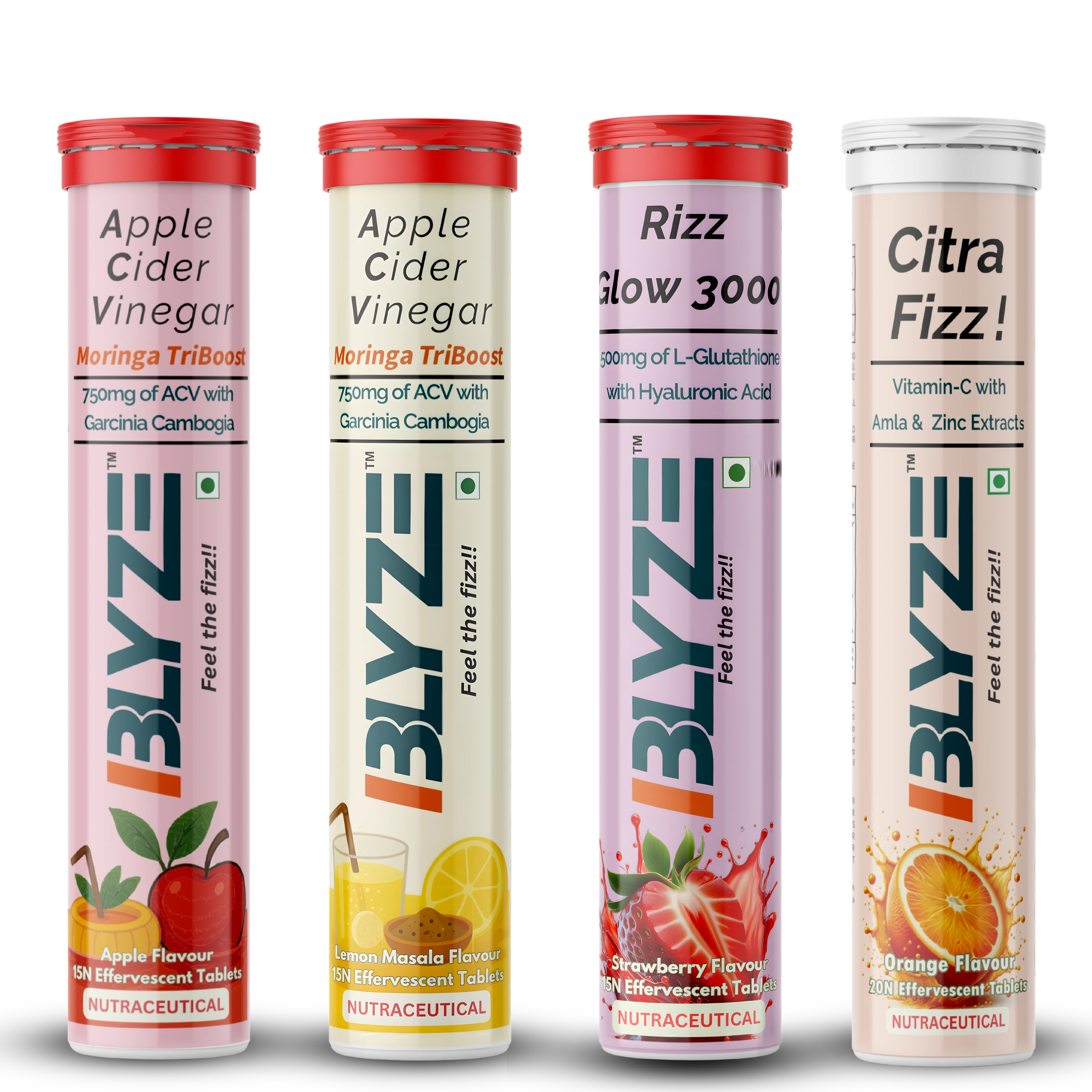 Sip & Slay Set: ACV Moringa TriBoost (Apple Flavor) & ACV Moringa TriBoost (Lemon Masala Flavor) & Rizz Glow 3000  (Strawberry Flavor) & Citra Fizz (Orange Flavor) Pack of 4
