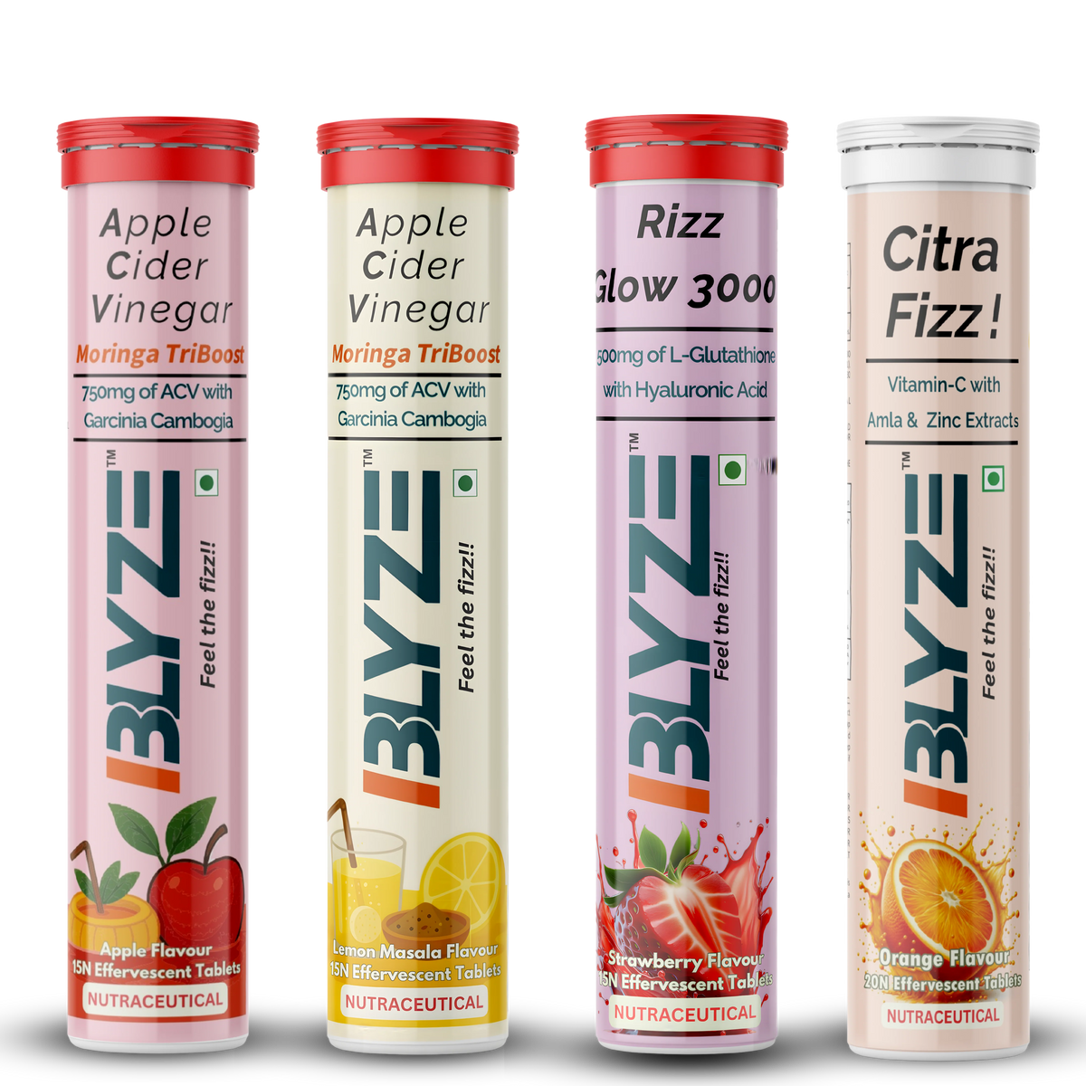 Sip & Slay Set: ACV Moringa TriBoost (Apple Flavor) & ACV Moringa TriBoost (Lemon Masala Flavor) & Rizz Glow 3000  (Strawberry Flavor) & Citra Fizz (Orange Flavor) Pack of 4