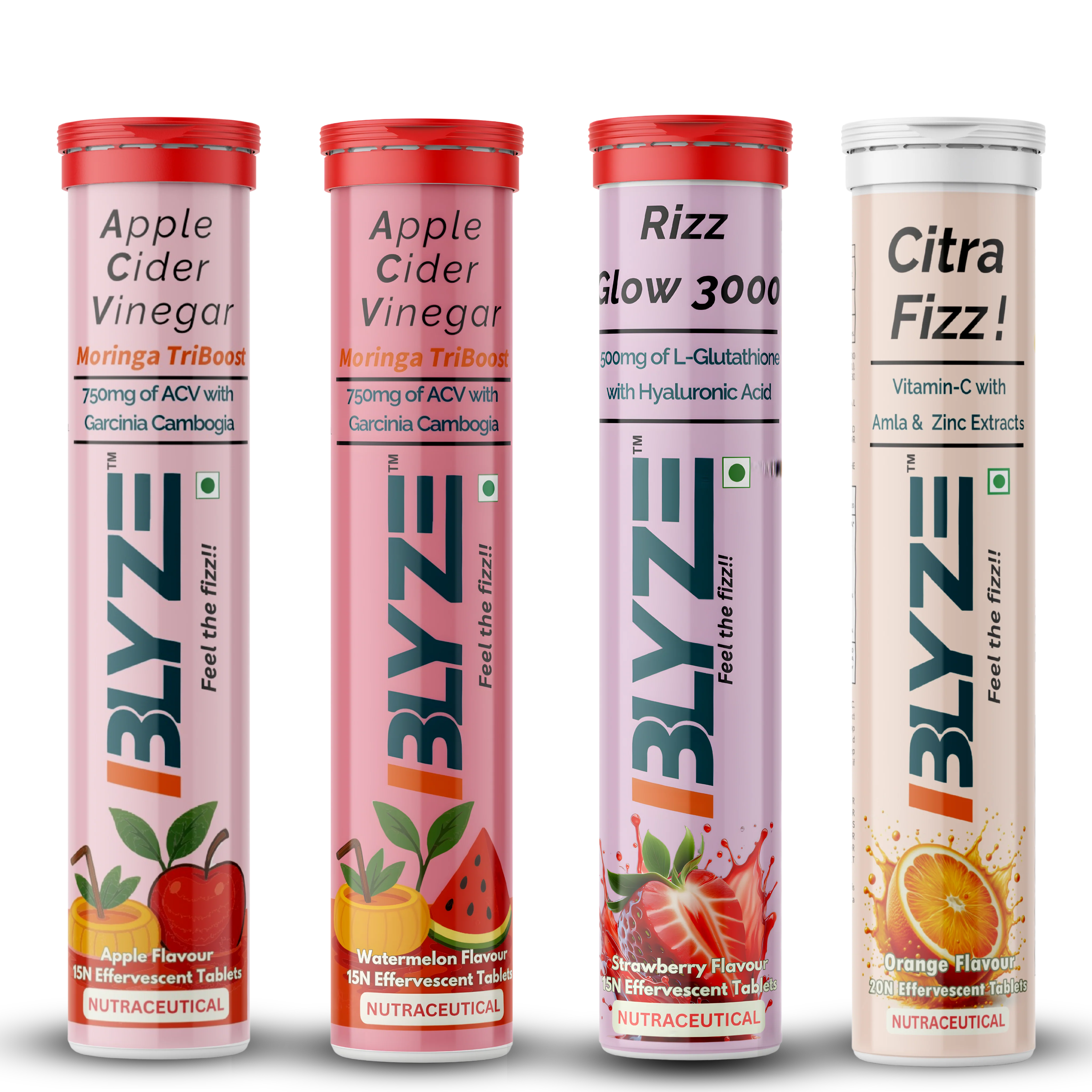 Sip & Slay Set: ACV Moringa TriBoost (Apple Flavor) & ACV Moringa TriBoost (Watermelon Flavor) & Rizz Glow 3000 (Strawberry Flavor) & Citra Fizz (Orange Flavor) Pack of 4