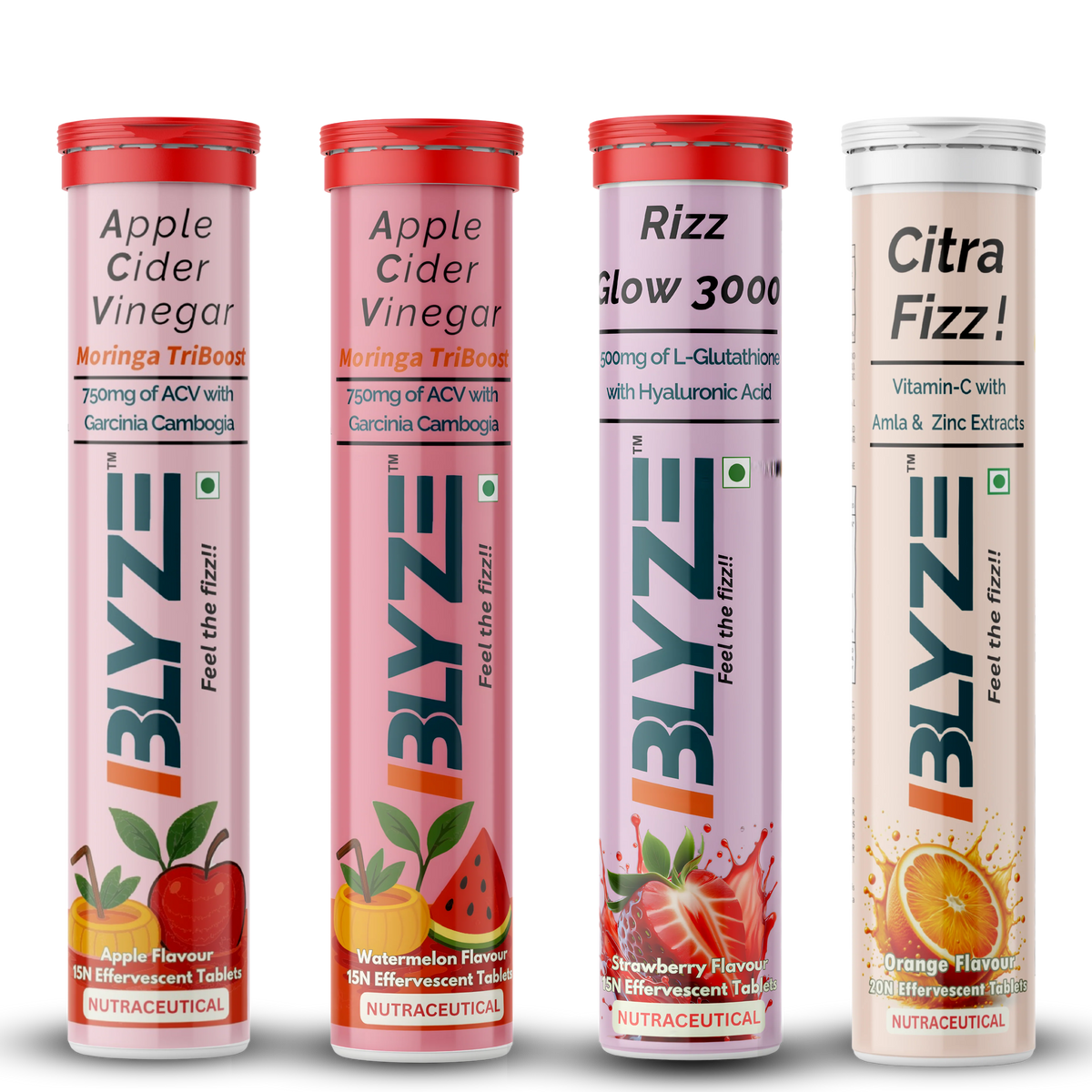 Sip & Slay Set: ACV Moringa TriBoost (Apple Flavor) & ACV Moringa TriBoost (Watermelon Flavor) & Rizz Glow 3000 (Strawberry Flavor) & Citra Fizz (Orange Flavor) Pack of 4
