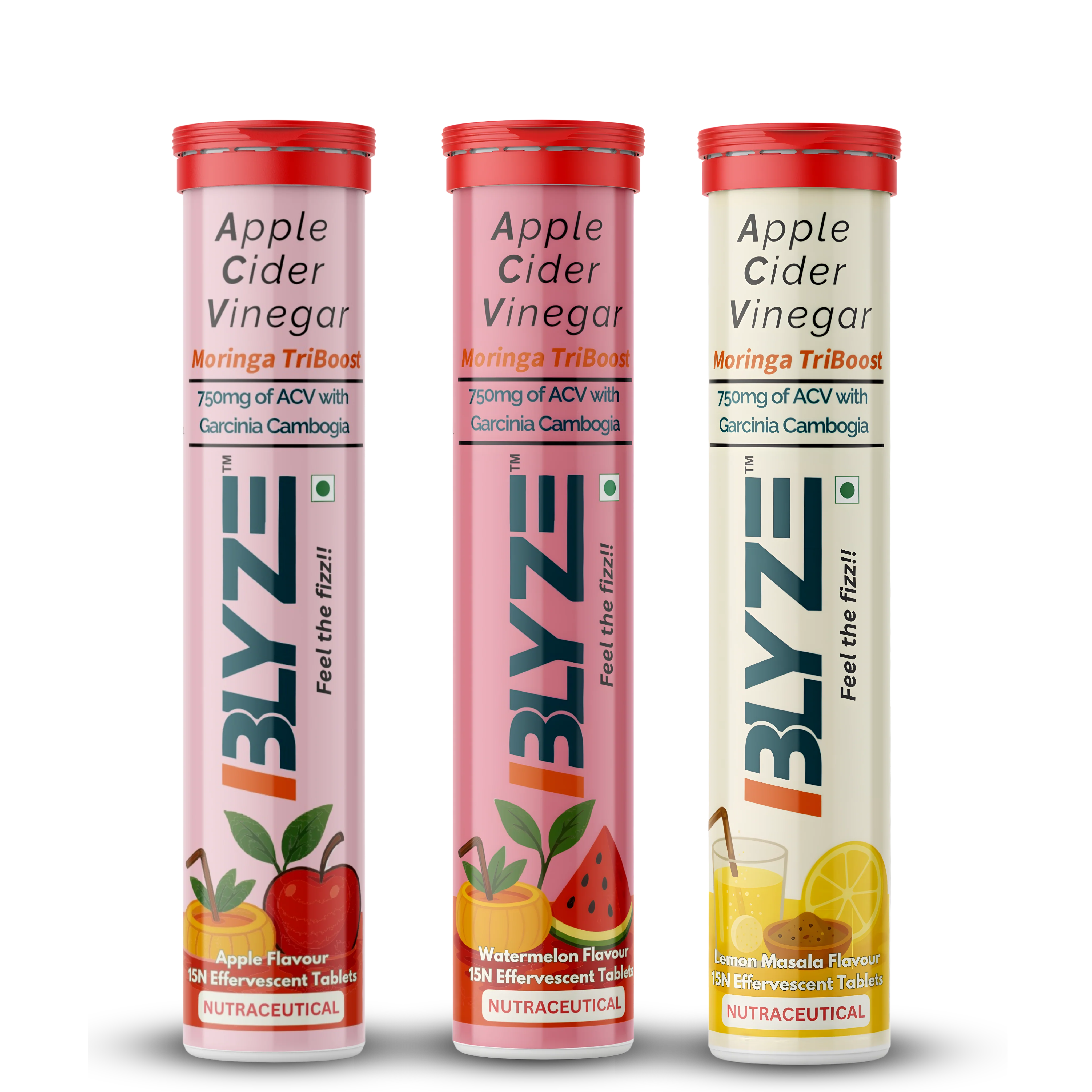 The Gut Trio: ACV Moringa TriBoost: Apple cider vinegar+ Moringa + Garcinia (Apple Flavor, Watermelon Flavor, Lemon Masala Flavor) Pack of 3