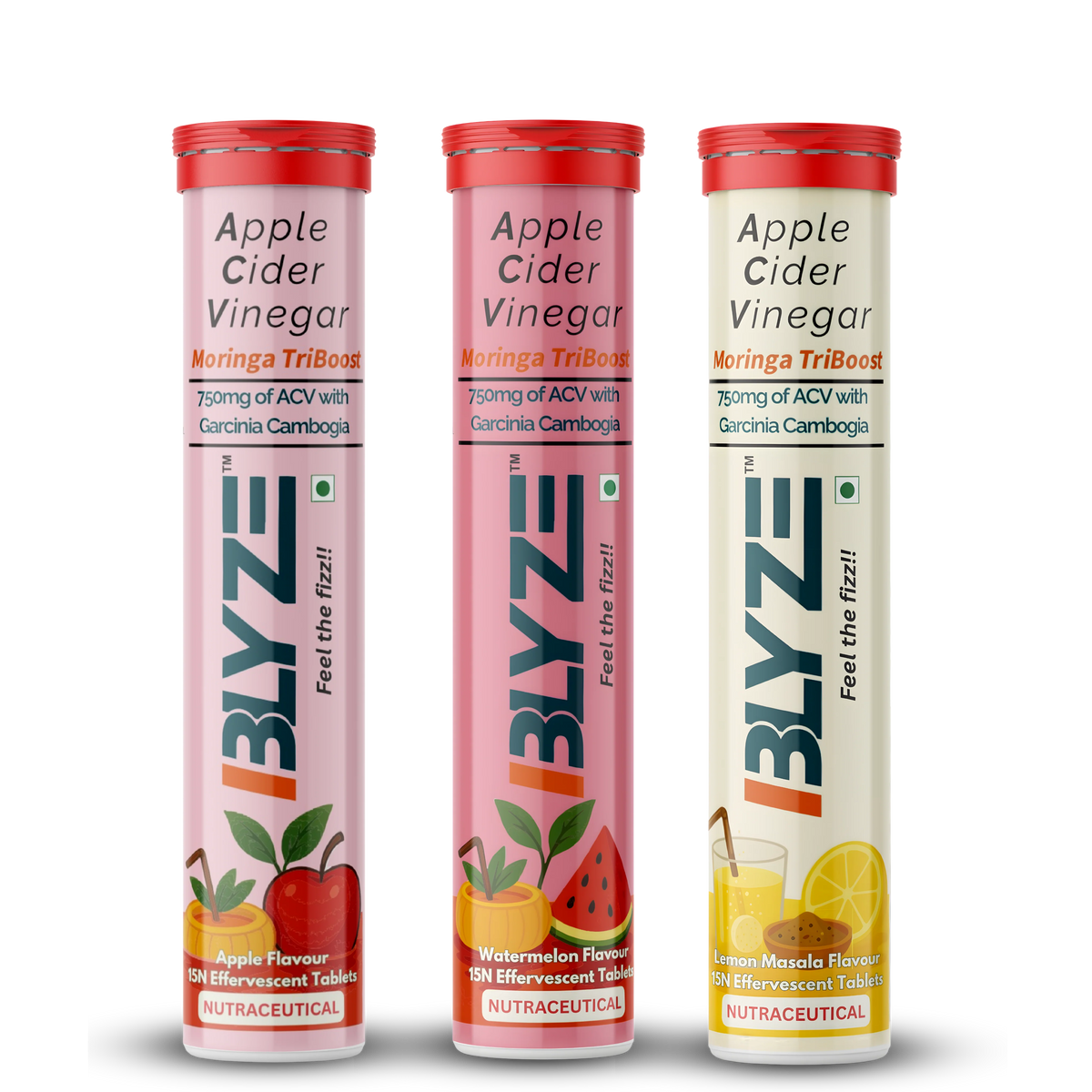 The Gut Trio: ACV Moringa TriBoost: Apple cider vinegar+ Moringa + Garcinia (Apple Flavor, Watermelon Flavor, Lemon Masala Flavor) Pack of 3