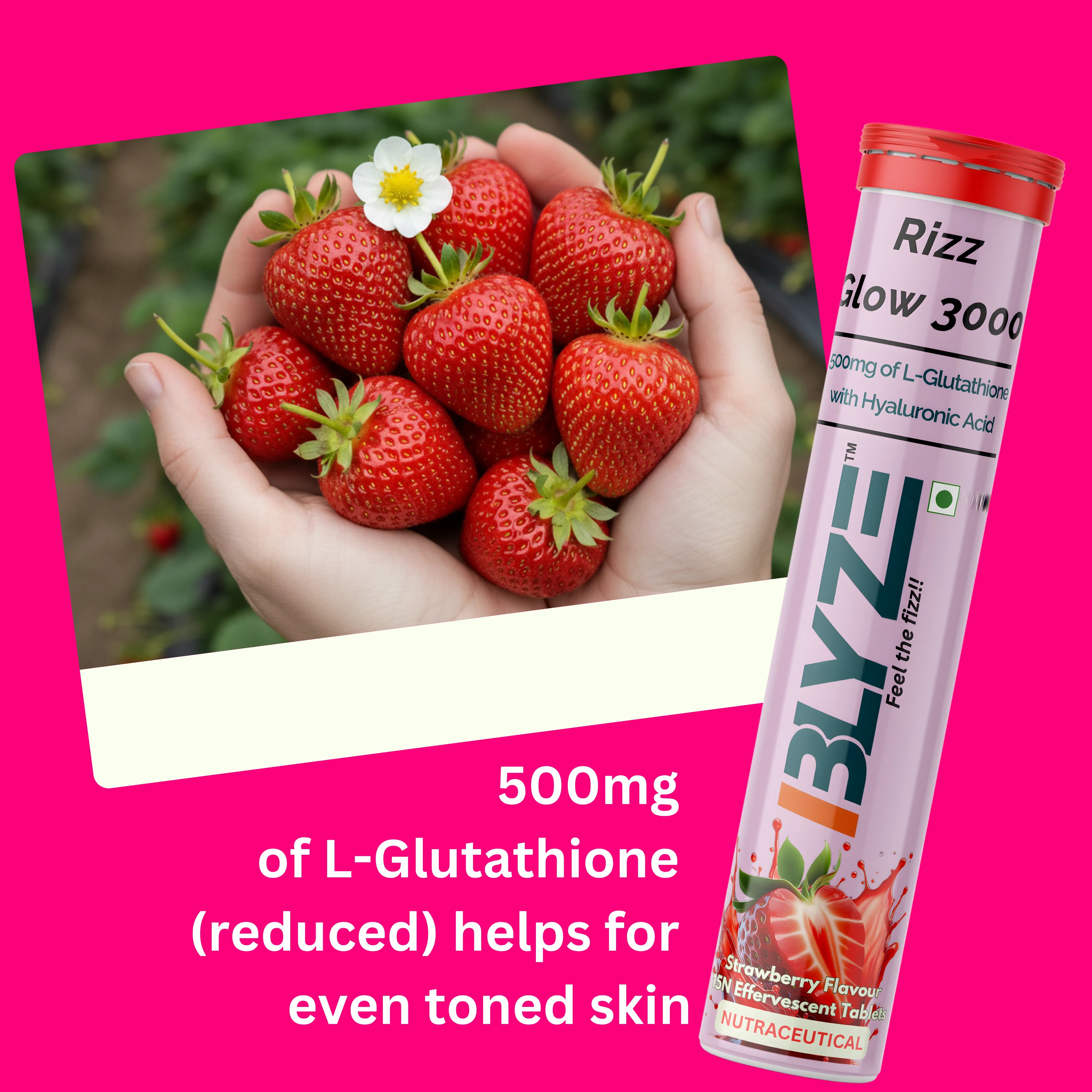 Rizz Glow 3000 – Glutathione & Antioxidant Effervescent Tablets | Hyaluronic Acid | Strawberry