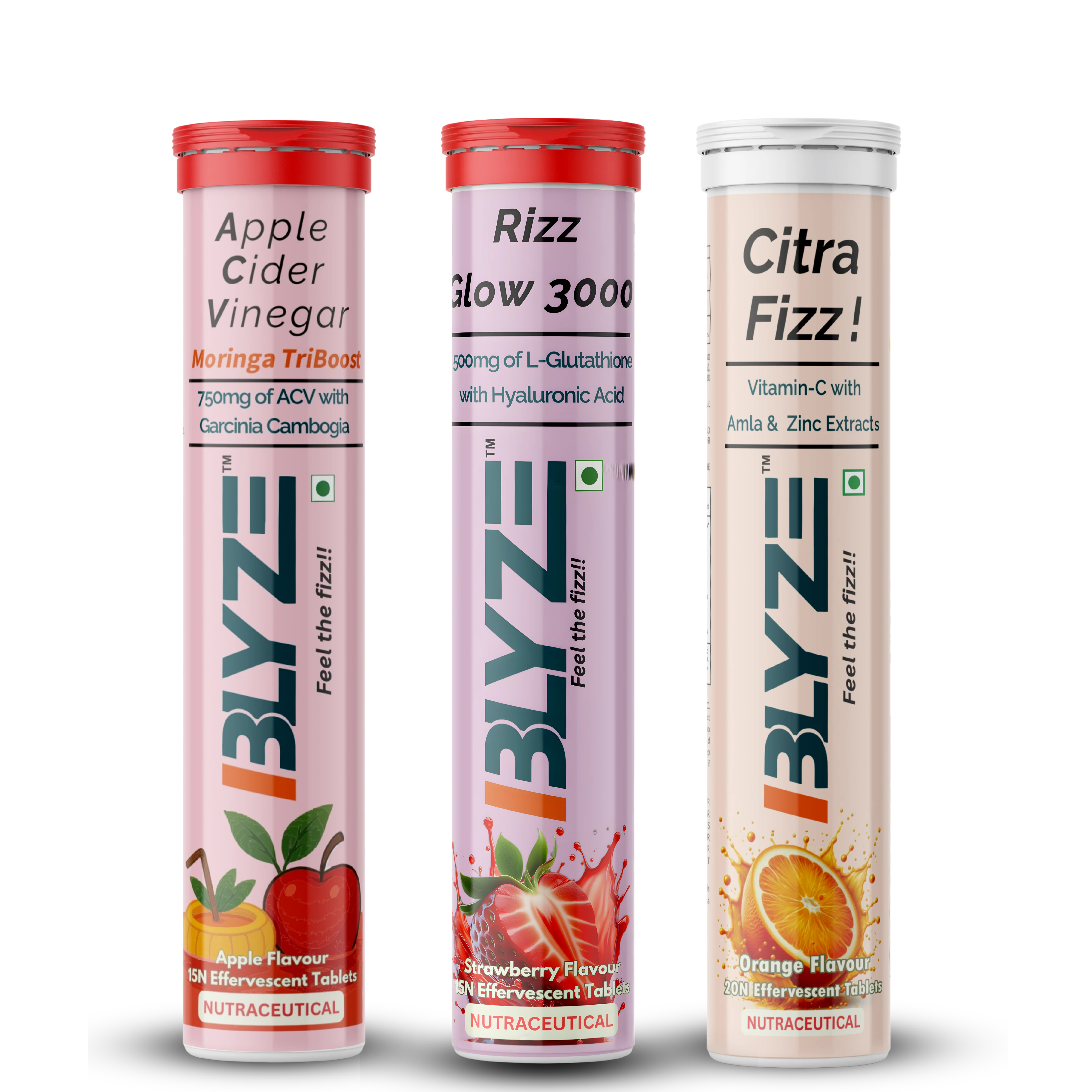Sip & Slay Set: ACV Moringa TriBoost (Apple Flavor) & Rizz Glow 3000 (Strawberry Flavor) & Citra Fizz (Orange Flavor) Pack of 3