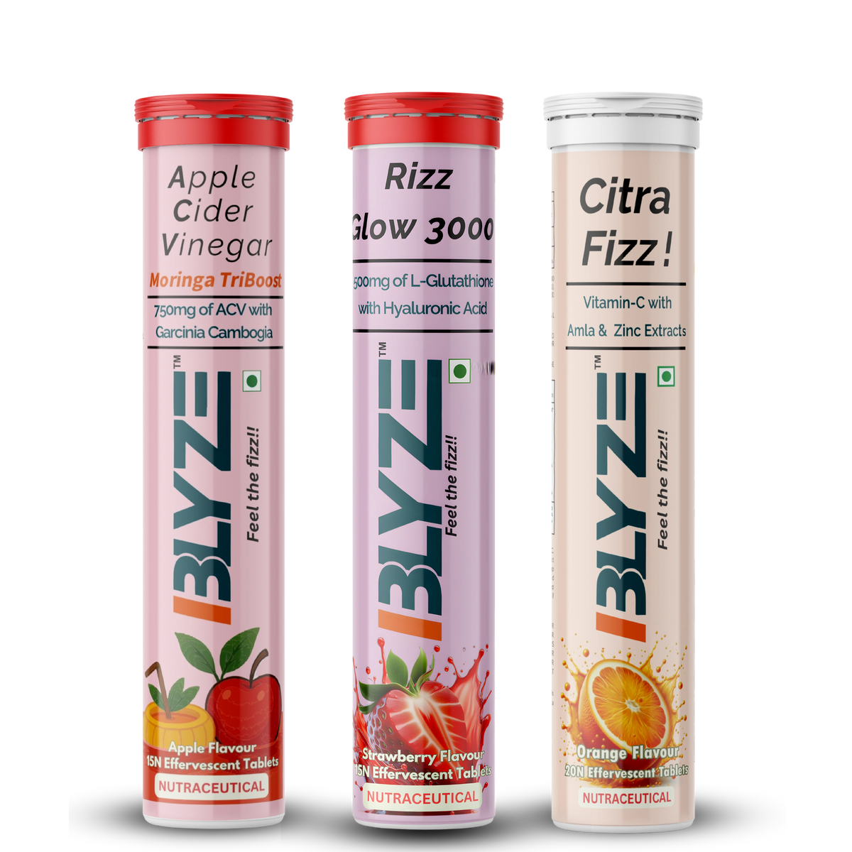 Sip & Slay Set: ACV Moringa TriBoost (Apple Flavor) & Rizz Glow 3000 (Strawberry Flavor) & Citra Fizz (Orange Flavor) Pack of 3