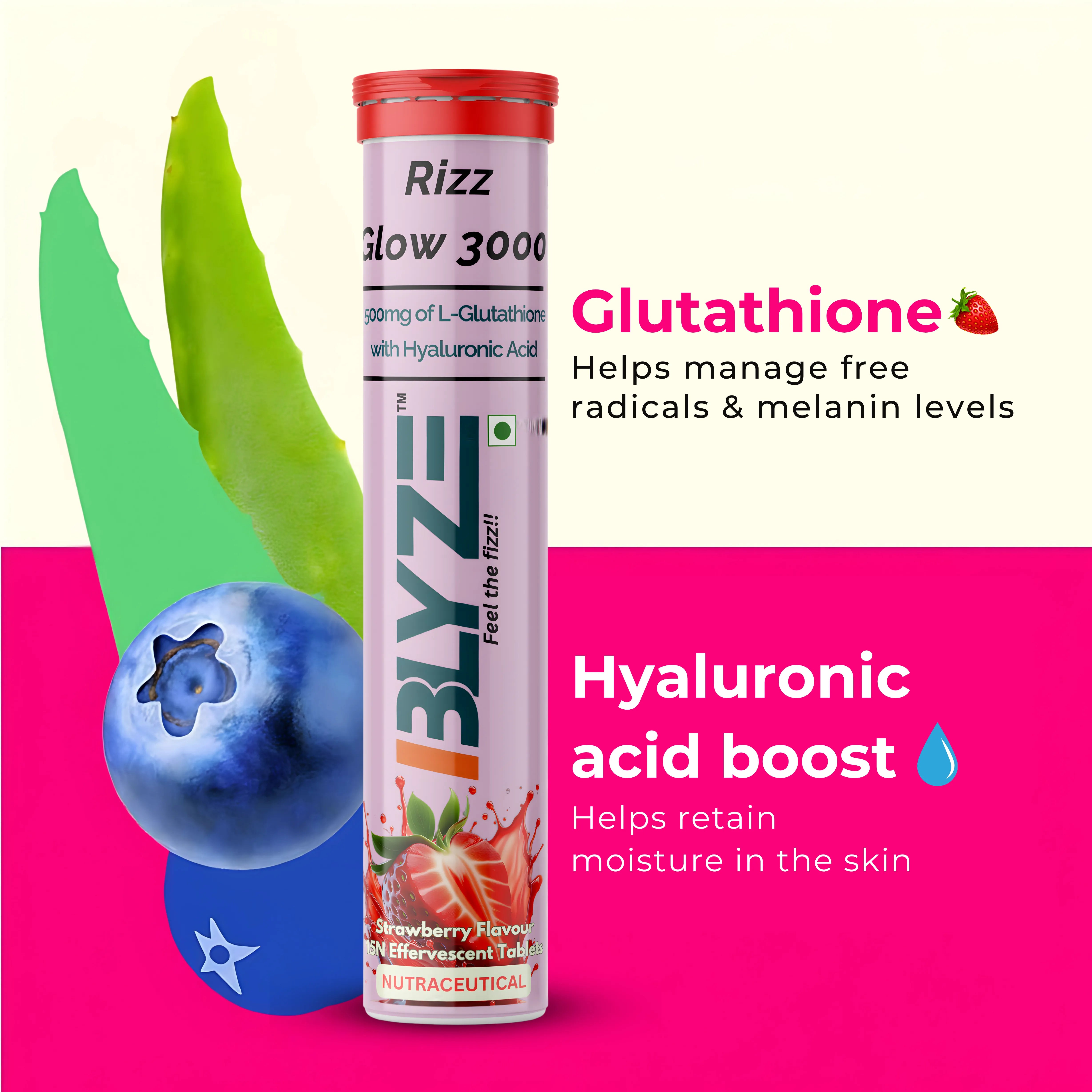 Rizz Glow 3000 – Glutathione & Antioxidant Effervescent Tablets | Hyaluronic Acid | Strawberry