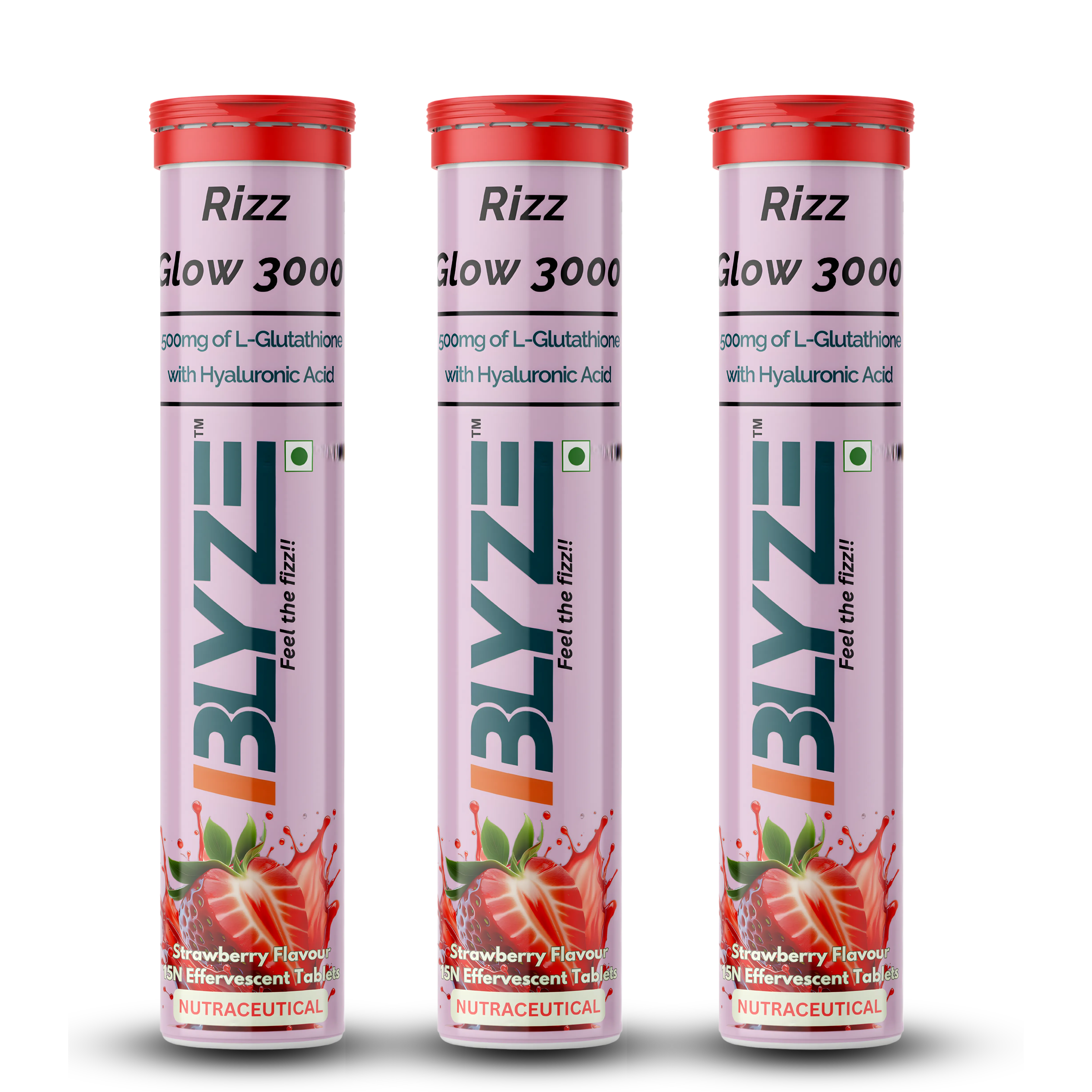 Rizz Glow 3000 – Glutathione & Antioxidant Effervescent Tablets | Hyaluronic Acid | Strawberry