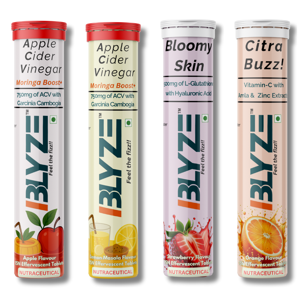 Sip & Slay Set: ACV Moringa Boost (Apple Flavor) & ACV Moringa Boost (Lemon Masala Flavor) & Bloomy Skin (Strawberry Flavor) & Citra Buzz (Orange Flavor) Pack of 4