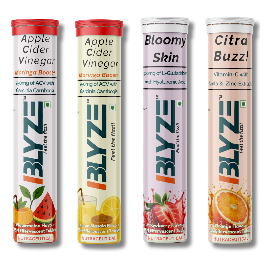 Sip & Slay Set: ACV Moringa Boost (Watermelon Flavor) & ACV Moringa Boost (Lemon Masala Flavor) & Bloomy Skin (Strawberry Flavor) & Citra Buzz (Orange Flavor) Pack of 4